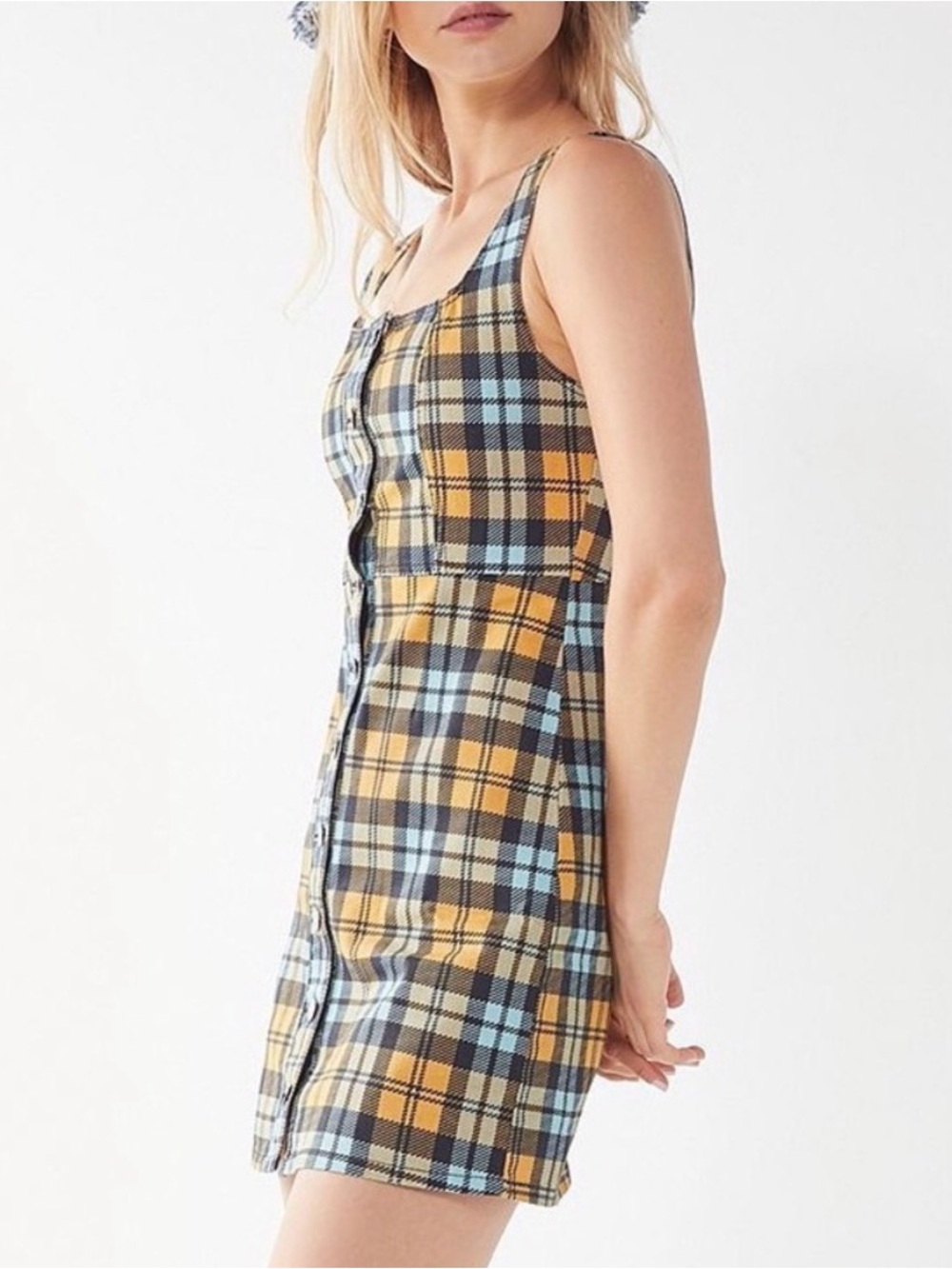 Urban Outfitters Women's Dress Sleeveless Button Down Denim Brown Plaid Size 6